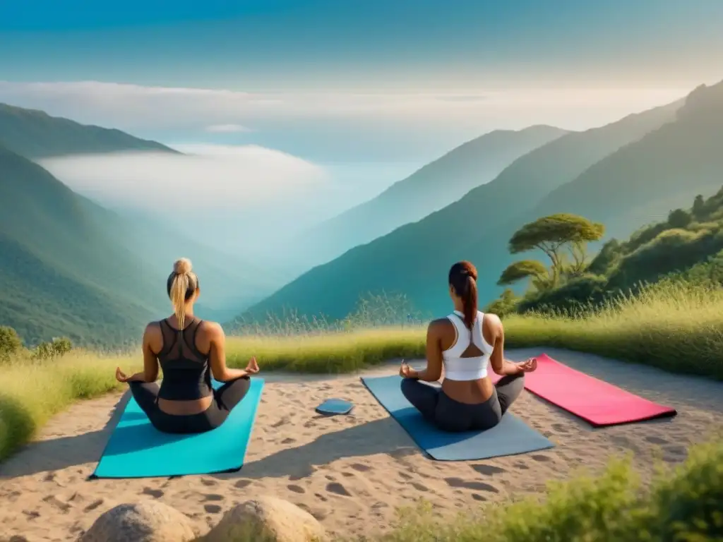 Retiro de bienestar y conexión cultural: grupo diverso practica yoga al amanecer en la montaña, transmitiendo serenidad y unidad