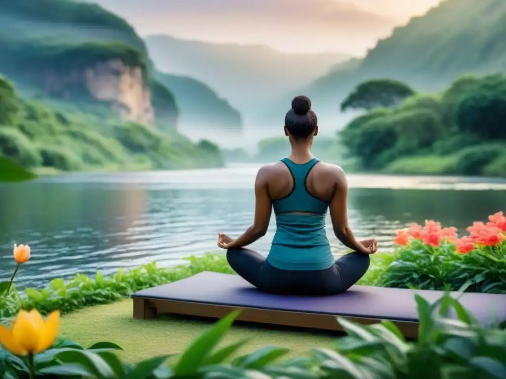 Retiro de bienestar cultural en un paisaje sereno con plataforma de yoga y río brillante