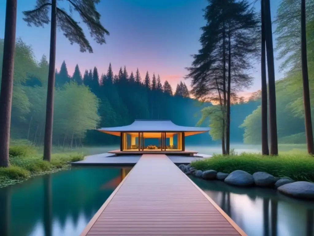 Retiro de bienestar espiritual de lujo en un bosque verde, con pabellón de meditación moderno y sereno