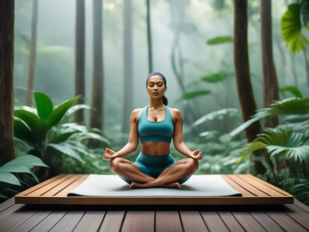 Retiro de yoga de lujo en la selva tropical: plataforma de madera minimalista con mat y flores blancas