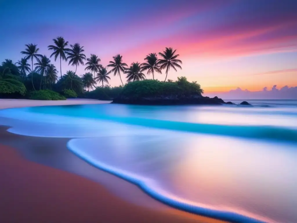 Retiros culturales en destinos exóticos: Playa tropical al atardecer con palmeras en silueta y cielo anaranjado y rosa reflejado en el mar calmado