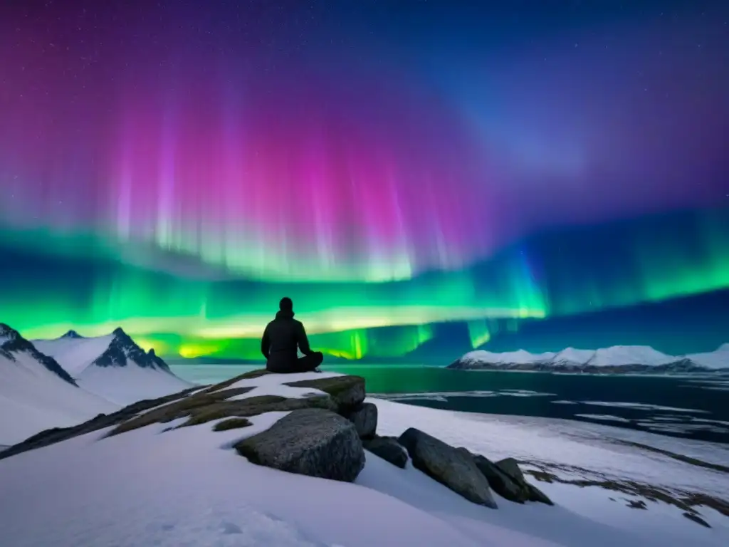 Retiros espirituales en el Ártico: Meditación solitaria en un acantilado, bajo la Aurora Boreal y el paisaje helado