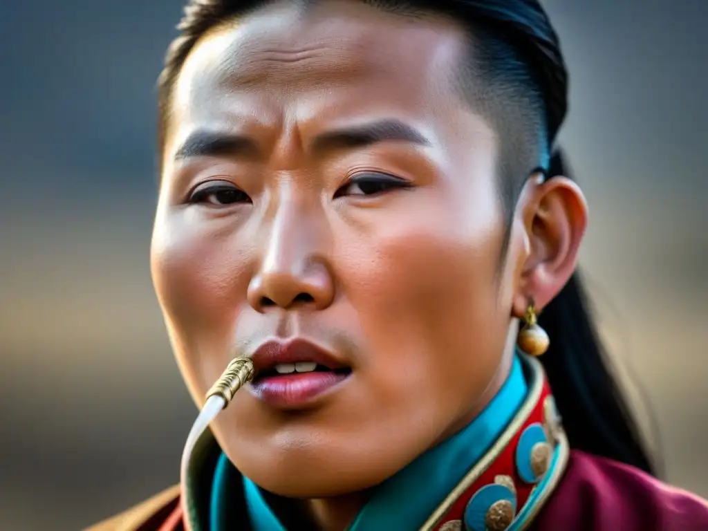 Armonías místicas: Cantante de Khöömii mongol en detalle Un retrato detallado de un cantante de garganta mongol realizando Khöömii, destacando las vibraciones vocales y la concentración intensa en su rostro al producir armónicos únicos