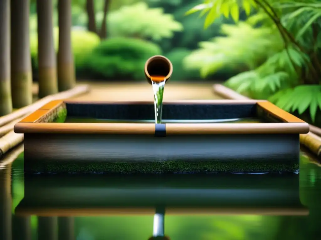 Un rincón sereno en un santuario Shinto con una fuente de purificación japonesa, rodeada de vegetación exuberante