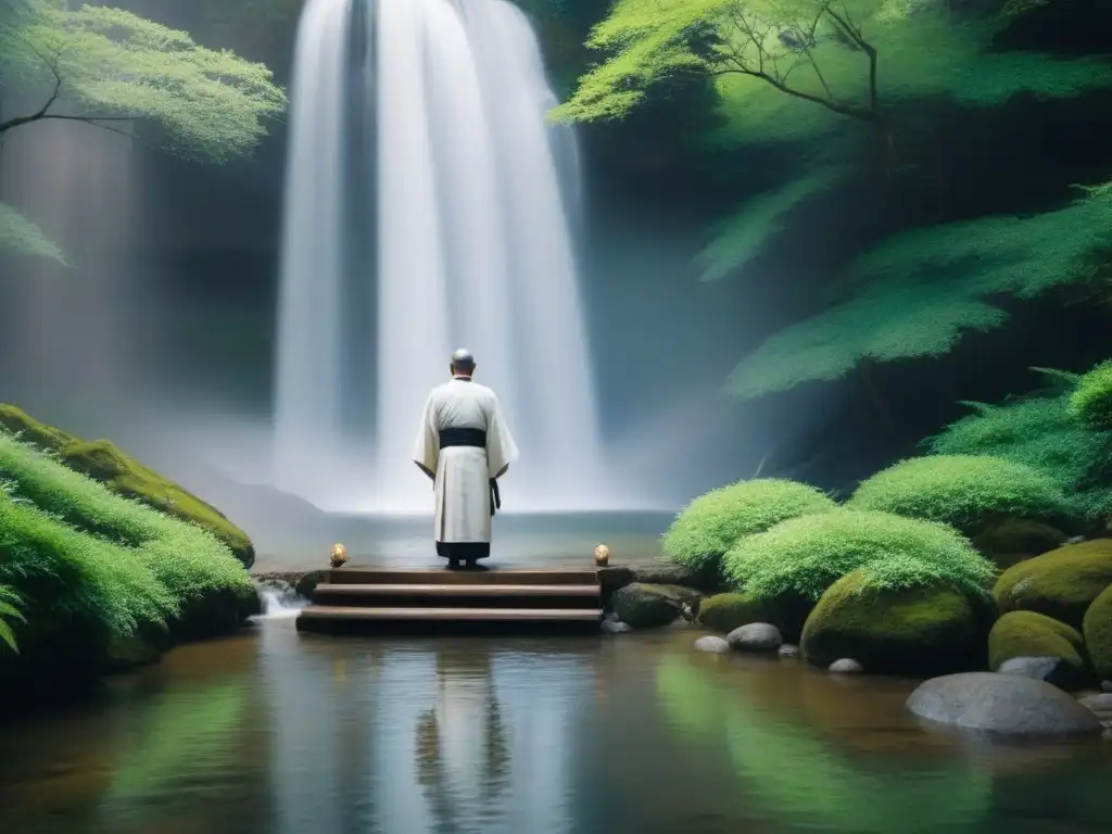 Un ritual de purificación en Japón: sacerdote Shinto bajo cascada en bosque sereno