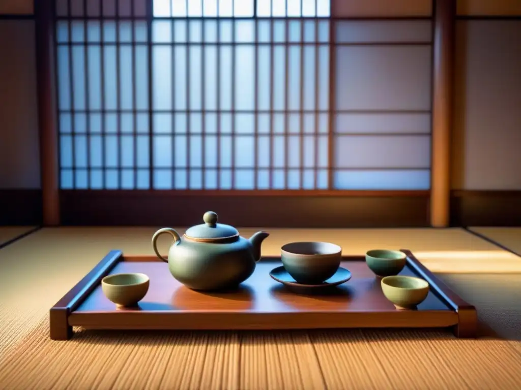 Un ritual sereno del té en Japón, con un elegante set de té rodeado de utensilios de bambú en una habitación tranquila con tatamis