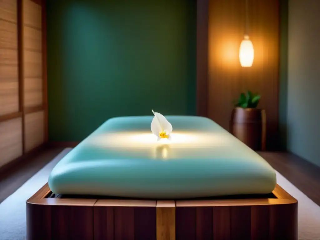 Rituales ancestrales en spas exclusivos: ambiente sereno con mesa de masaje de madera y orquídea blanca en suave iluminación cálida