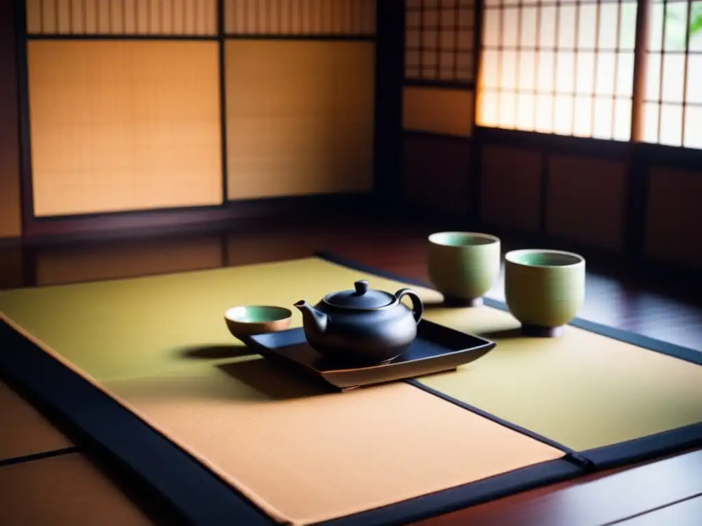 Rituales del té en culturas: Ceremonia japonesa del té en una habitación tradicional con juego de té de porcelana y calma