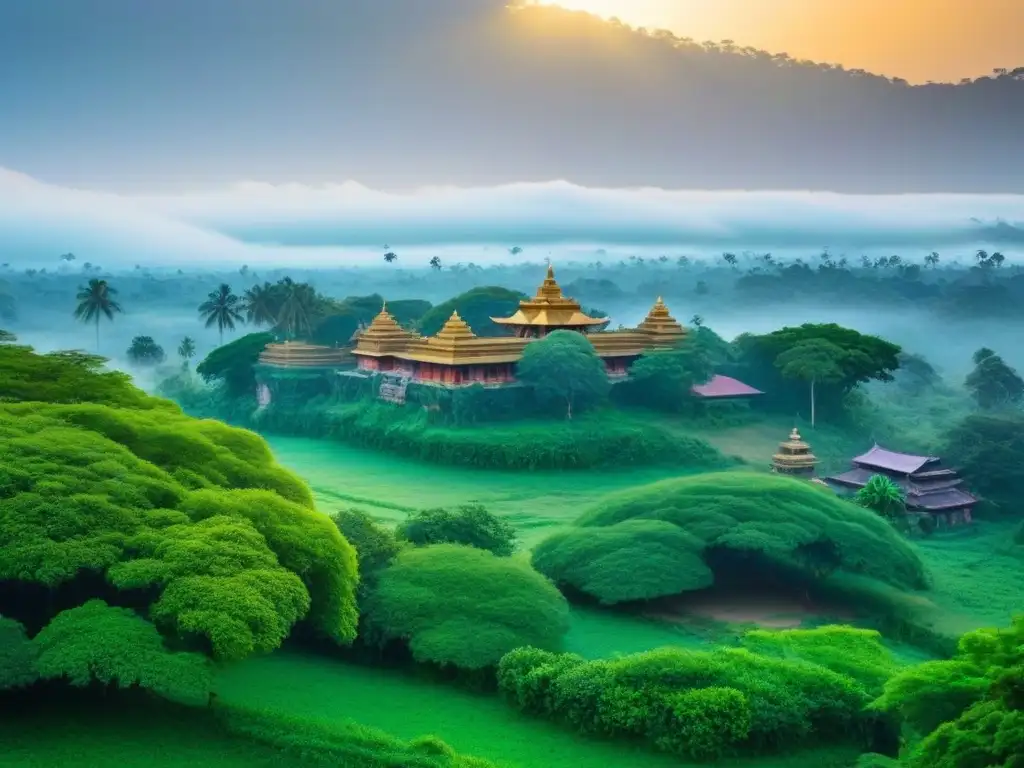 Homestay rodeado de exuberante vegetación y templos ancestrales, con arquitectura tradicional hindú y vibrantes colores bajo cielo azul al amanecer