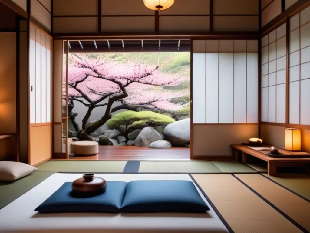 Un ryokan japonés tradicional con puertas shoji deslizantes, tatamis y un sereno jardín de rocas