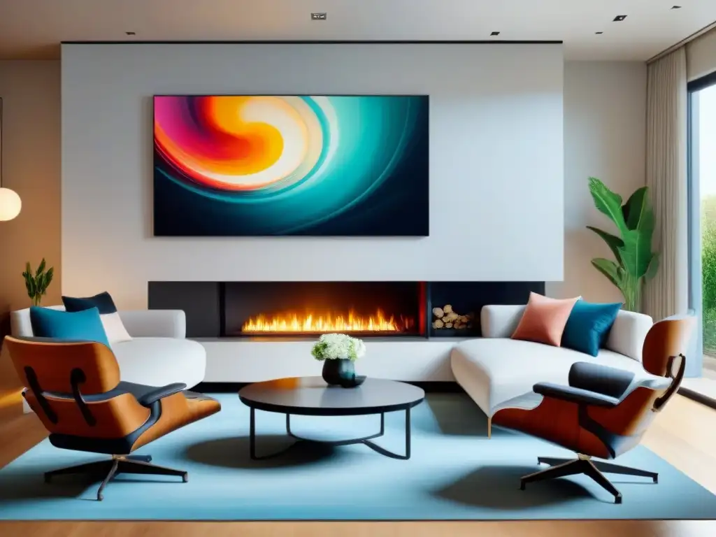 Una sala minimalista con una vibrante obra de arte sobre la chimenea