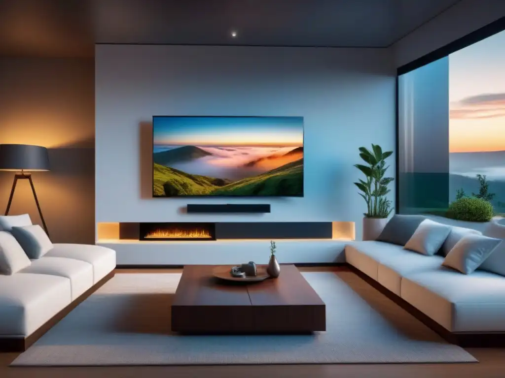 Sala de estar futurista con tecnología integrada y diseño minimalista Salón de homestay moderno con tecnología innovadora y ambiente cultural