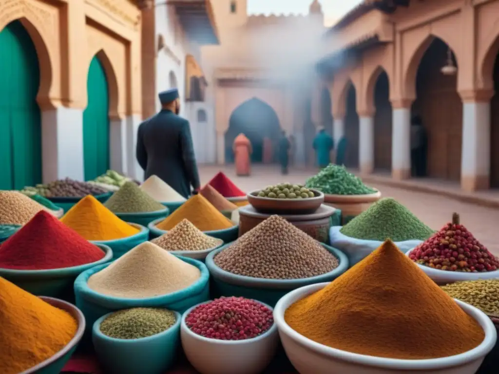 Mercado de especias marroquí: colores y aromas en 8k Explora los secretos de los sabores auténticos en un bullicioso mercado de especias y hierbas marroquí, rodeado de colores y aromas exóticos