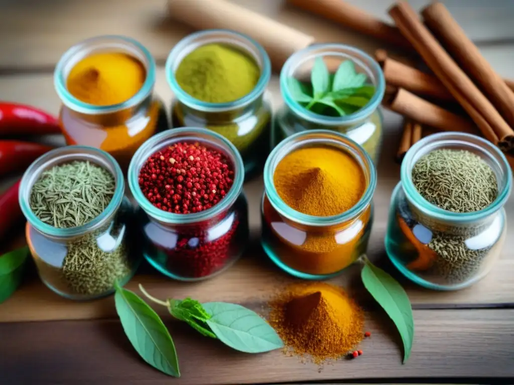 Exquisita variedad de especias y hierbas en frascos de vidrio Secretos sabores auténticos especias hierbas en vibrante composición de colores y texturas en frascos sobre mesa de madera