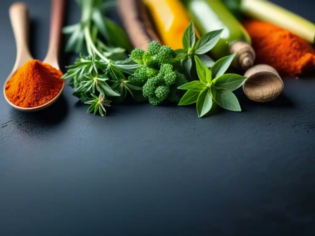 Armonía de especias y hierbas: composición vibrante en granito negro Secretos de sabores auténticos: variedad de especias y hierbas vibrantes en patrón geométrico sobre encimera de granito negro