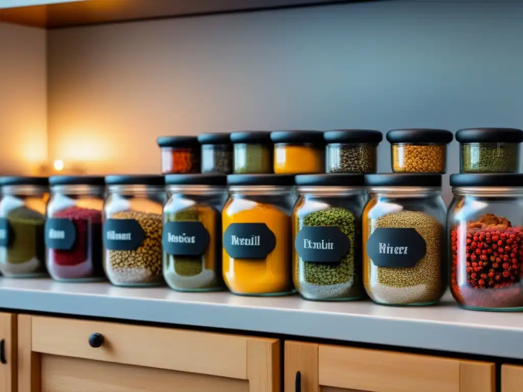 Exquisitas especias y hierbas en frascos - Cocina moderna Una selección de secretos sabores auténticos: especias y hierbas vibrantes y aromáticas en elegantes tarros de cristal en una cocina moderna