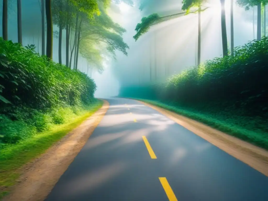 Un sendero de bicicleta serpentea entre árboles verdes, con la luz del sol filtrándose a través de las hojas