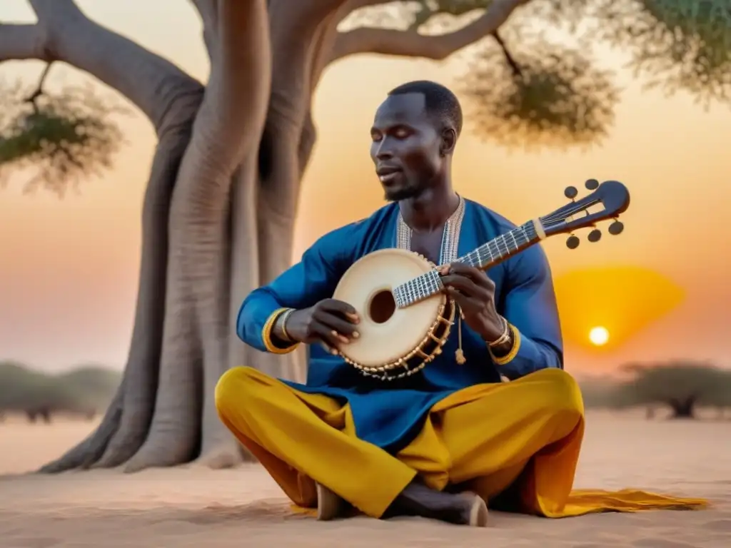 Melodías senegalesas: Músico de kora bajo árbol baobab al atardecer Fotografía de música en Senegal: Músico senegalés tocando la kora bajo un baobab al atardecer, inmerso en la melodía