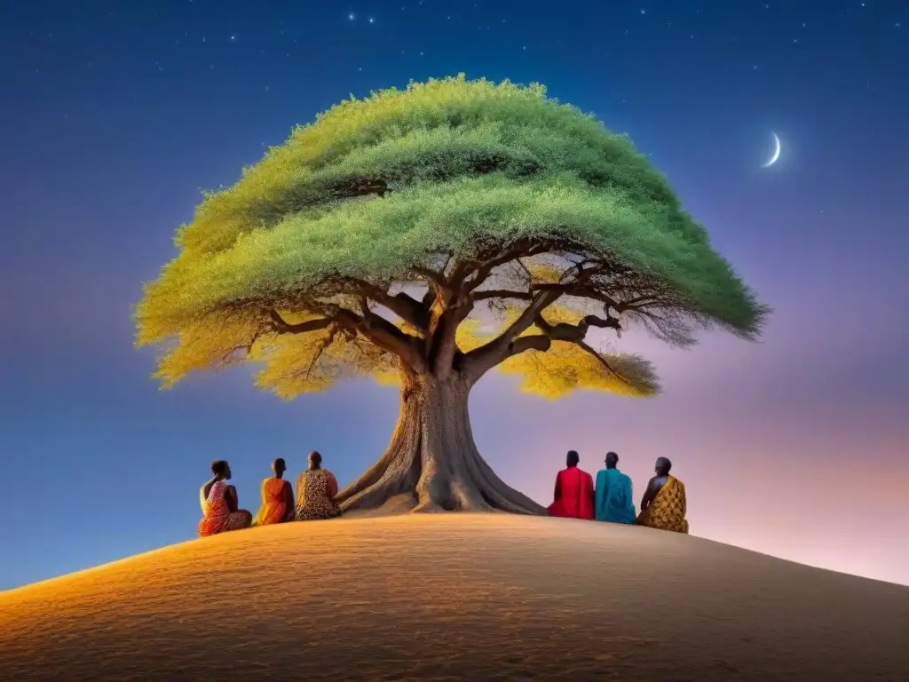 Representación serena de grupos étnicos africanos alrededor de un árbol de unidad, bajo un cielo estrellado