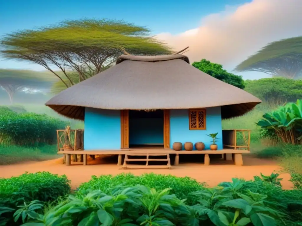 Hut africano entre vegetación: belleza natural y serenidad La serenidad de una choza africana rodeada de exuberante vegetación, bajo un cielo azul