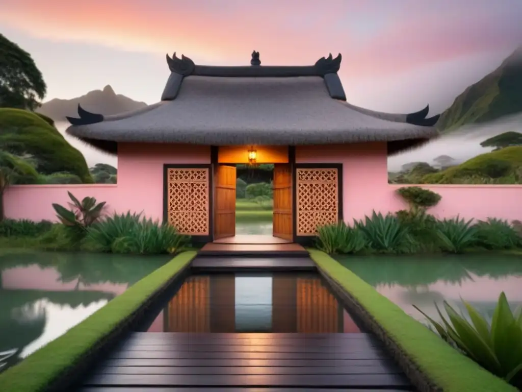 Amanecer sereno en homestay Maorí en Nueva Zelanda, rodeado de naturaleza exuberante y reflejos en estanque