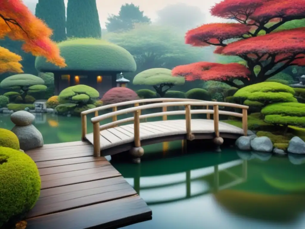 Jardín japonés sereno con puente de madera sobre estanque, bonsáis y hojas otoñales