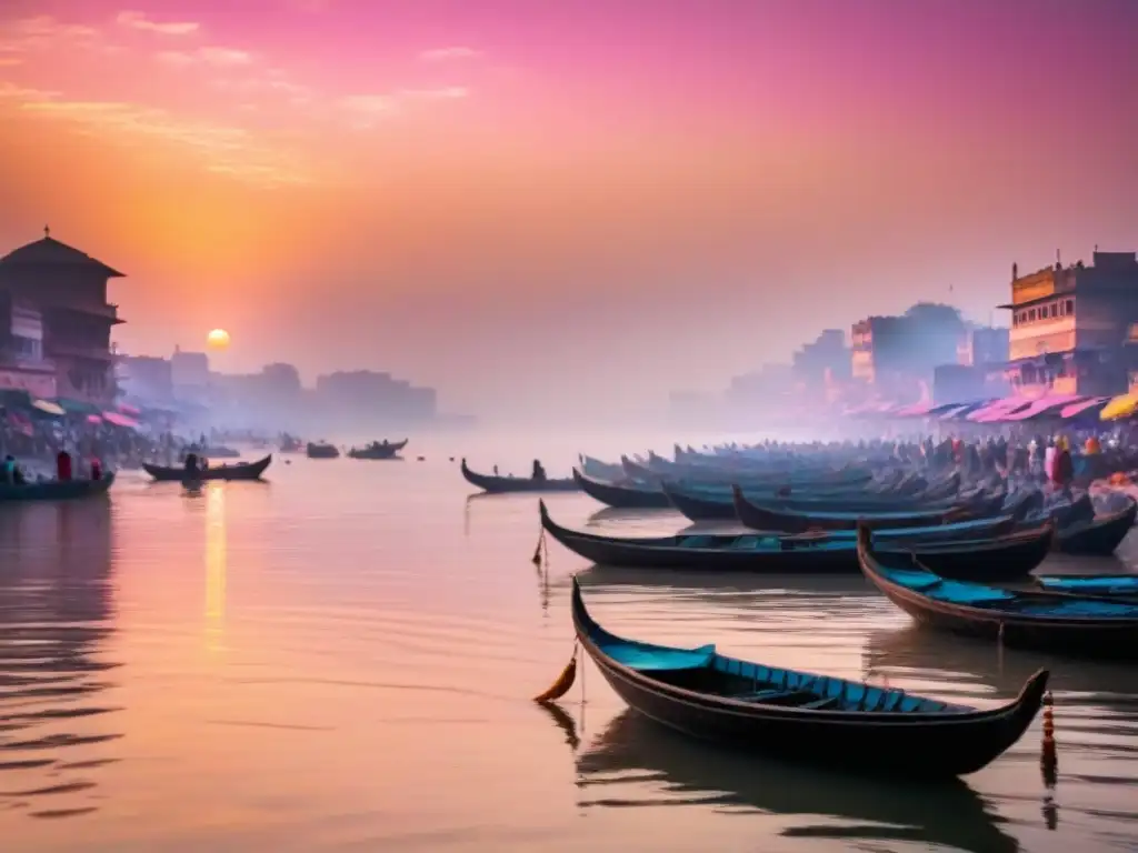 Amanecer sereno sobre el río Ganges en Varanasi, con tonos rosa, naranja y dorado reflejados en las aguas tranquilas, barcas y templos al fondo, creando una atmósfera espiritual y tranquila que captura la esencia de Varanasi y sus experiencias locales