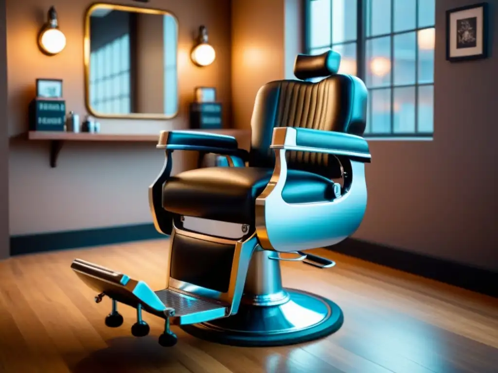 Una silla de barbero con diseño detallado, tapizada en cuero negro, en un ambiente de barbería vintage