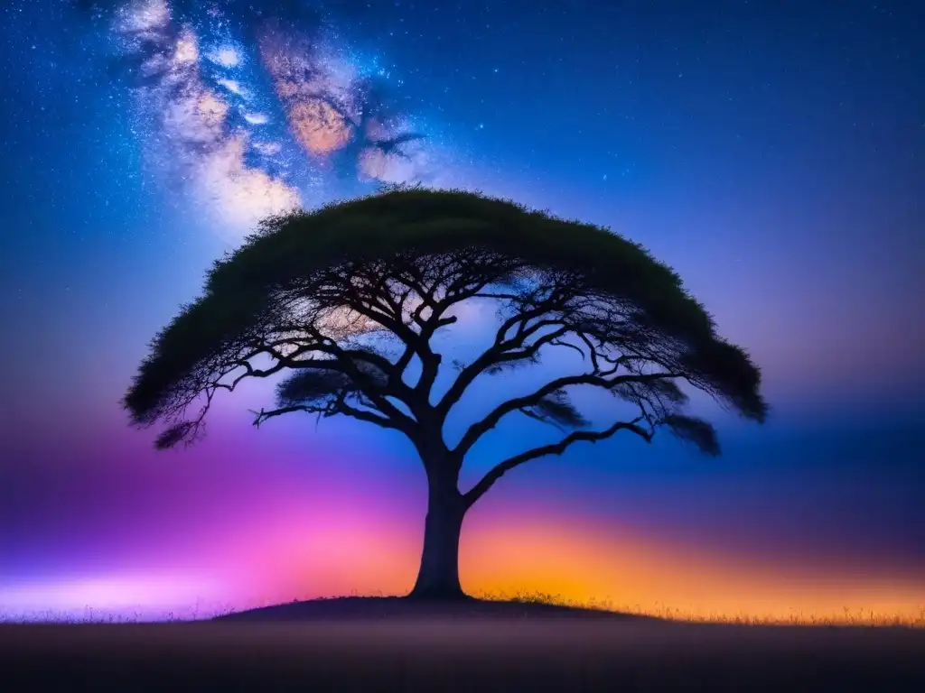 Paisaje africano: silueta de acacia bajo cielo estrellado Silueta de árbol bajo cielo estrellado en la sabana africana, con transición de colores cálidos a fríos