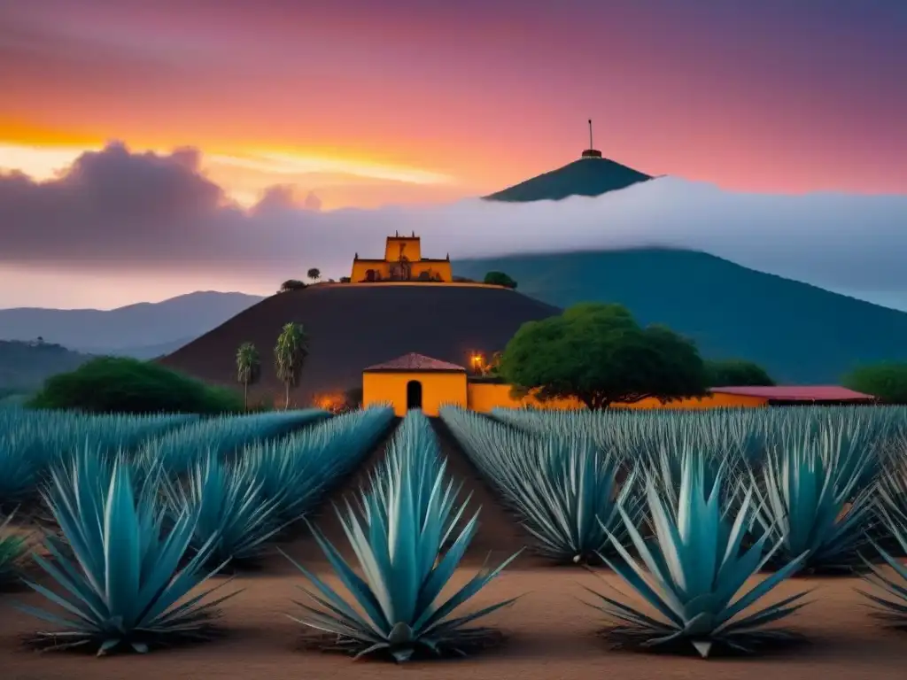 Silueta de una destilería de mezcal en un atardecer oaxaqueño, simbolizando la armonía entre naturaleza y artesanía