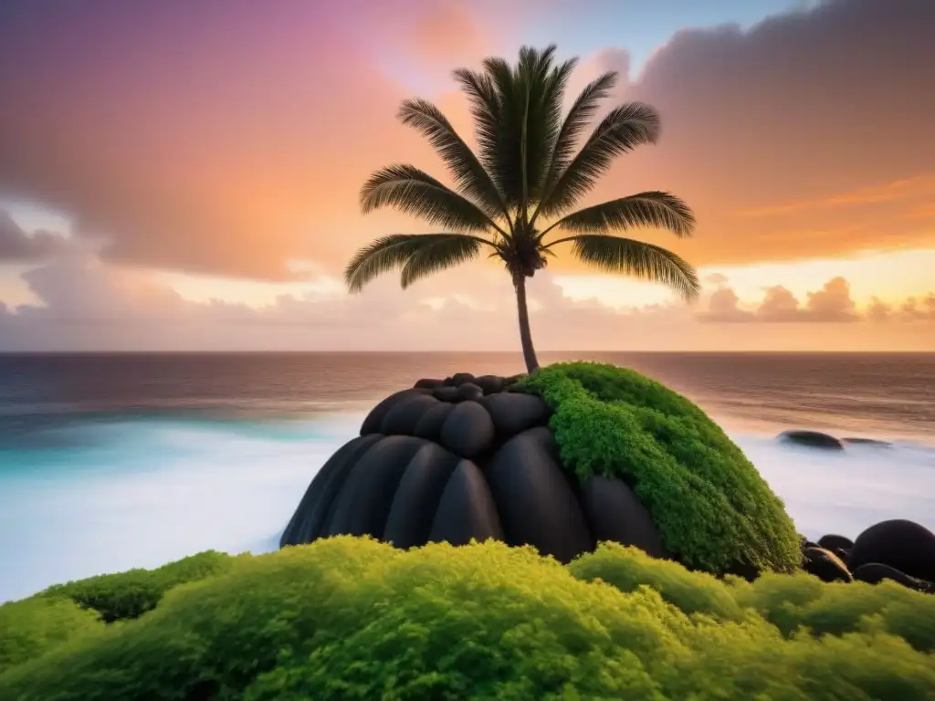 Latte stone en Guam: atardecer vibrante Silueta de una estructura tradicional Chamorro en Guam al atardecer, resaltando la cultura en homestays culturales en Guam