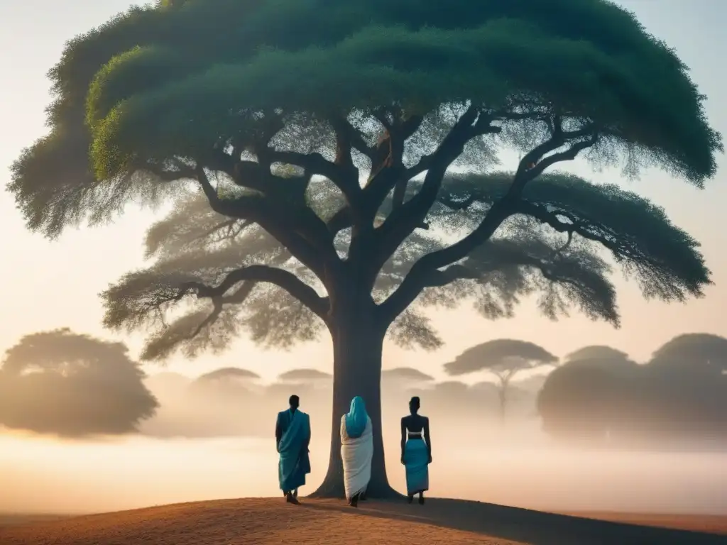 Siluetas diversas en África Subsahariana unidas bajo un árbol en armonía, mostrando diferencias culturales