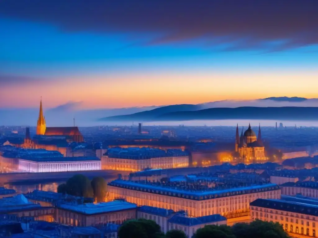 Skyline europeo al atardecer, símbolo de oportunidades de conseguir becas intercambio Europa