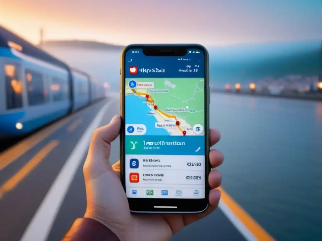 Un smartphone muestra apps de seguridad para viajes: traductor, GPS, contactos de emergencia y guía de primeros auxilios