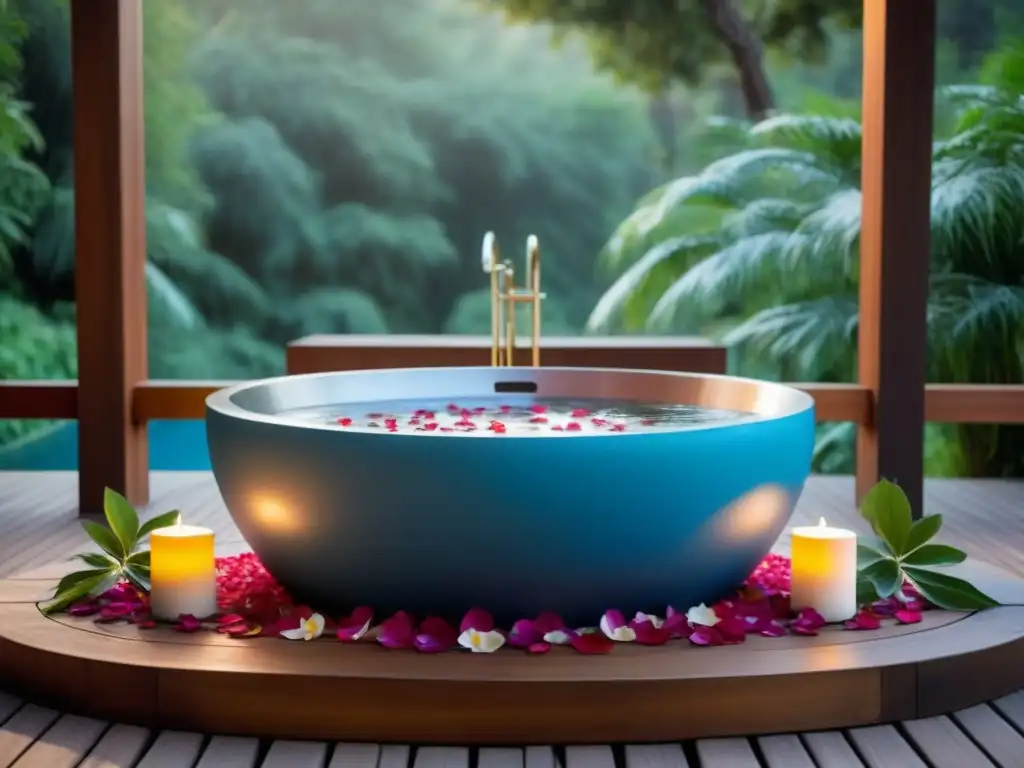 Un spa al aire libre de lujo rodeado de vegetación, con una bañera de piedra llena de pétalos de flores, luces suaves y madera