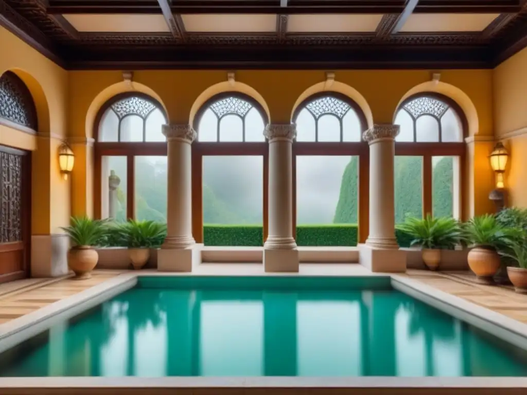 Spa histórico de lujo: arquitectura romana, columnas de mármol, estatuas y piscina serena rodeada de vegetación exuberante