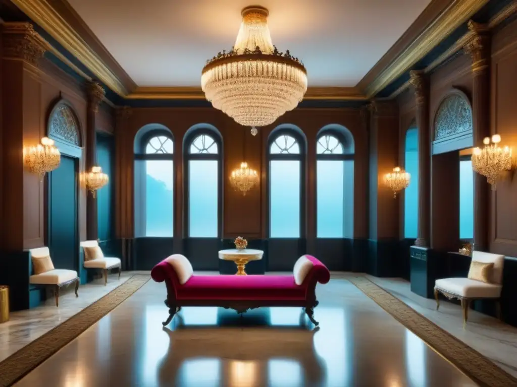 Spa histórico de lujo: espejos dorados, chaise lounges de terciopelo y candelabros de cristal en un ambiente opulento