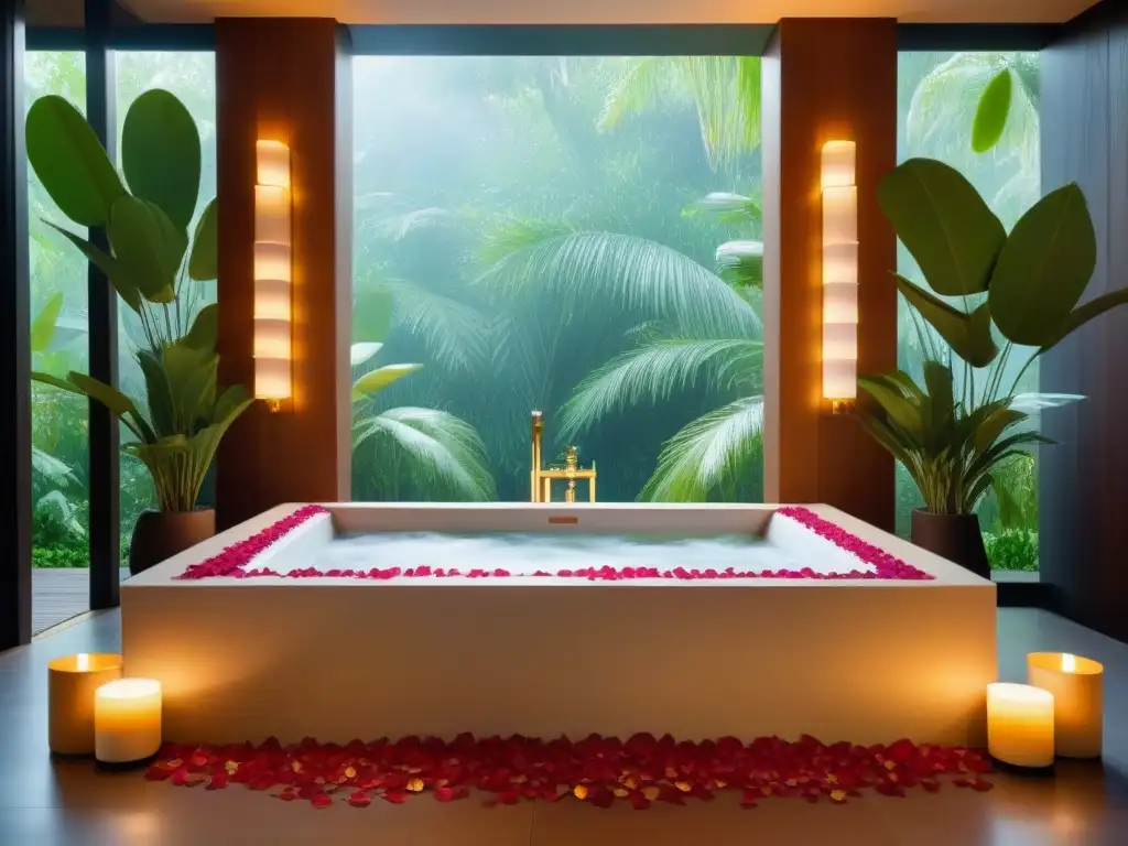 Un spa de lujo con bañera llena de pétalos de rosa y velas, ambiente relajante y elegante