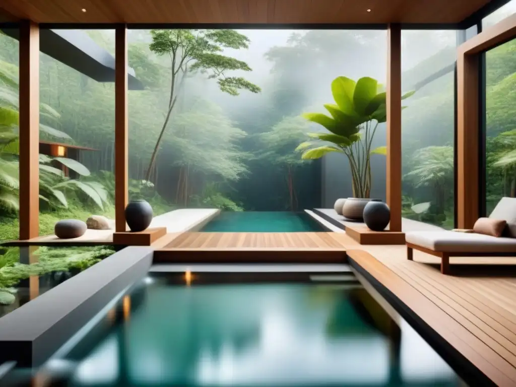 Spa de lujo en bosque con piscina relajante y diseño minimalista