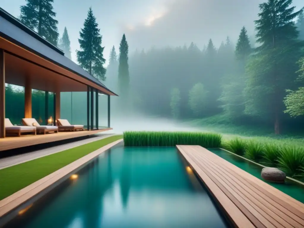 Un spa sereno en un bosque verde, con arquitectura minimalista y grandes ventanales que enmarcan la naturaleza