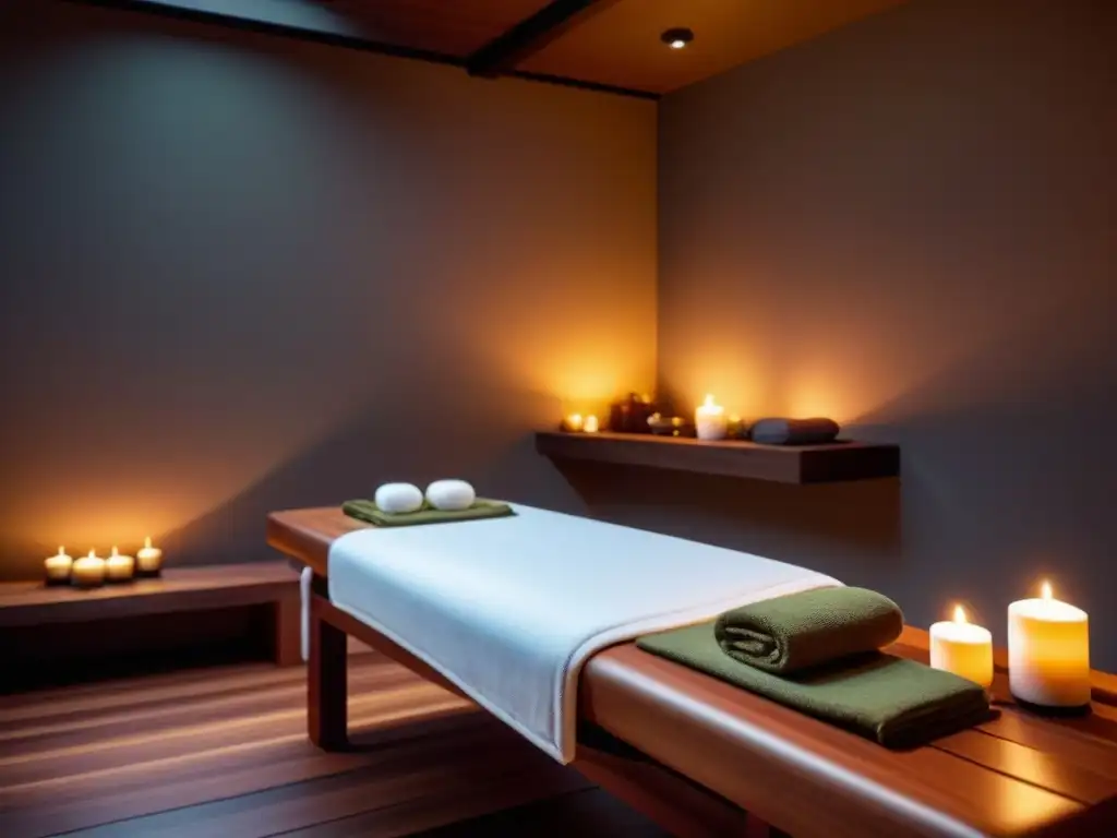 Un spa sereno inspirado en Ayurveda con decoración minimalista en tonos tierra, mesa de masajes de madera, velas y hierbas aromáticas en el aire