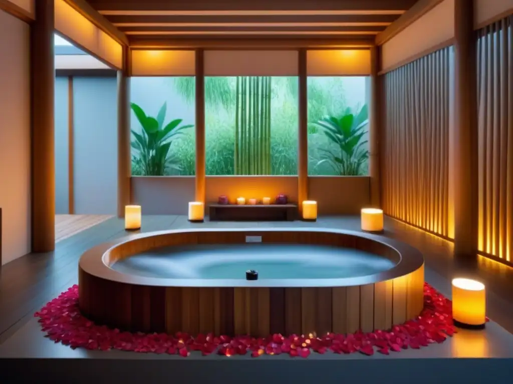 Un spa sereno con técnicas ancestrales, bañera japonesa de madera con pétalos de rosa, velas y bambú