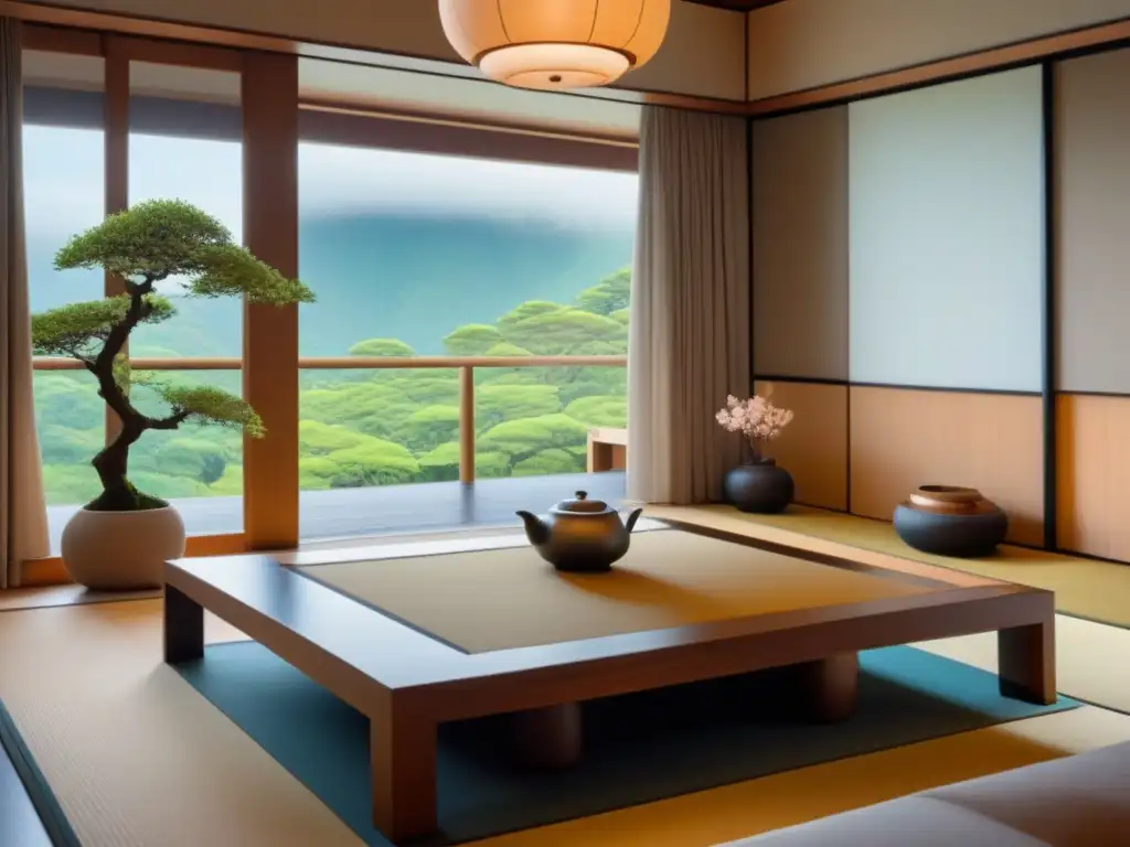 Suite japonesa minimalista: tranquilidad y elegancia Suite minimalista en Japón con tatamis, puertas corredizas y jardín zen, para destinos lujo inmersión cultural profunda