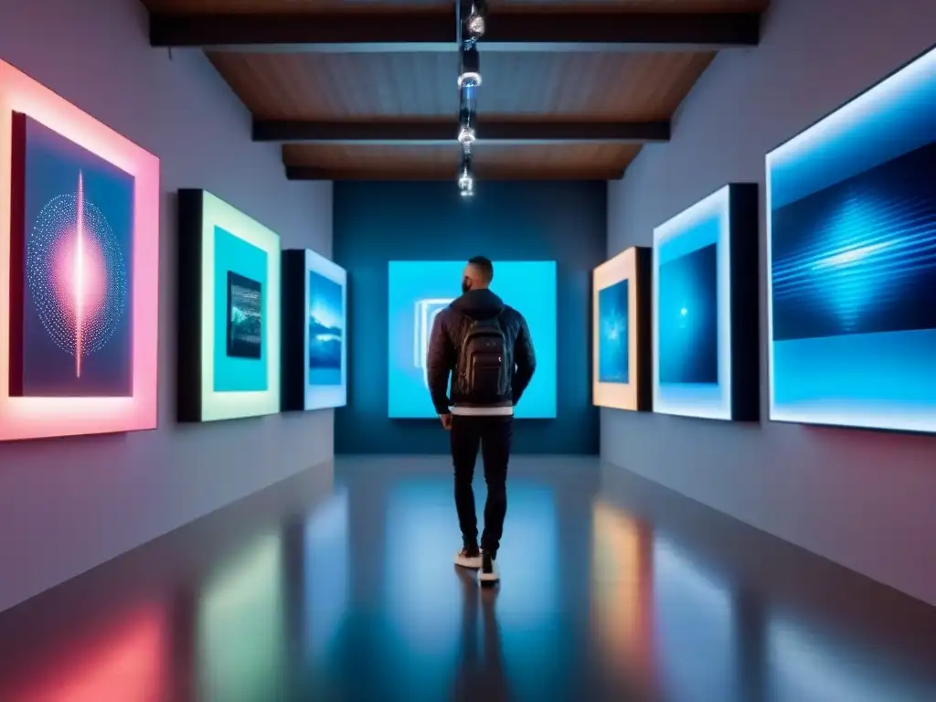 Galaxia de arte digital: galería futurista en hologramas vibrantes Sumérgete en una galería de arte digital futurista mientras viajas, colección de colores y formas vibrantes en plataformas holográficas