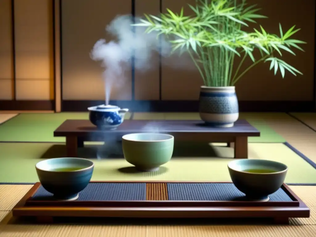 Maestro del té japonés: ceremonia serena en tatami Sumérgete en la vida japonesa con una ceremonia del té tradicional en una habitación tranquila de tatami