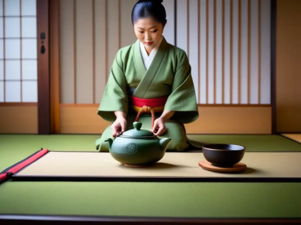 Serena ceremonia del té japonés: elegancia y tradición Sumérgete en la vida japonesa con la elegancia de una ceremonia del té en una habitación serena