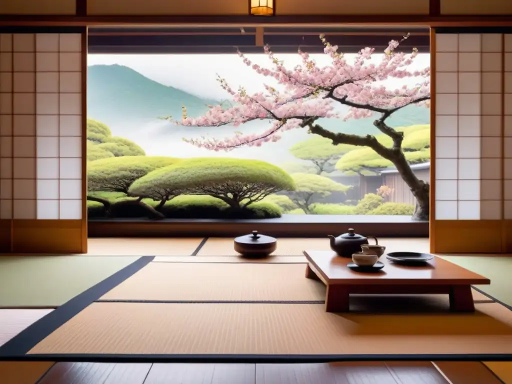 Experiencia serena: Habitación tatami japonesa en Tokyo Sumérgete en la vida japonesa: una habitación tradicional japonesa con tatamis, puertas de papel y flores de cerezo frescas
