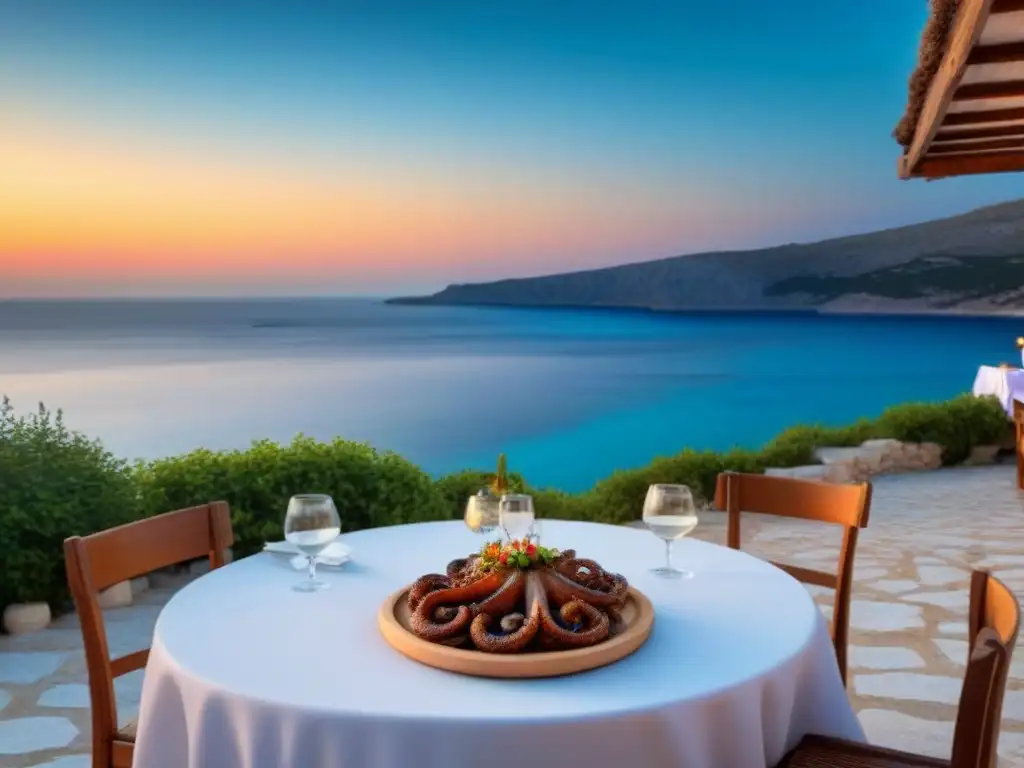 Una taberna griega tradicional con vista al mar Egeo al atardecer, decoración blanca y azul, mesas de madera con platillos locales