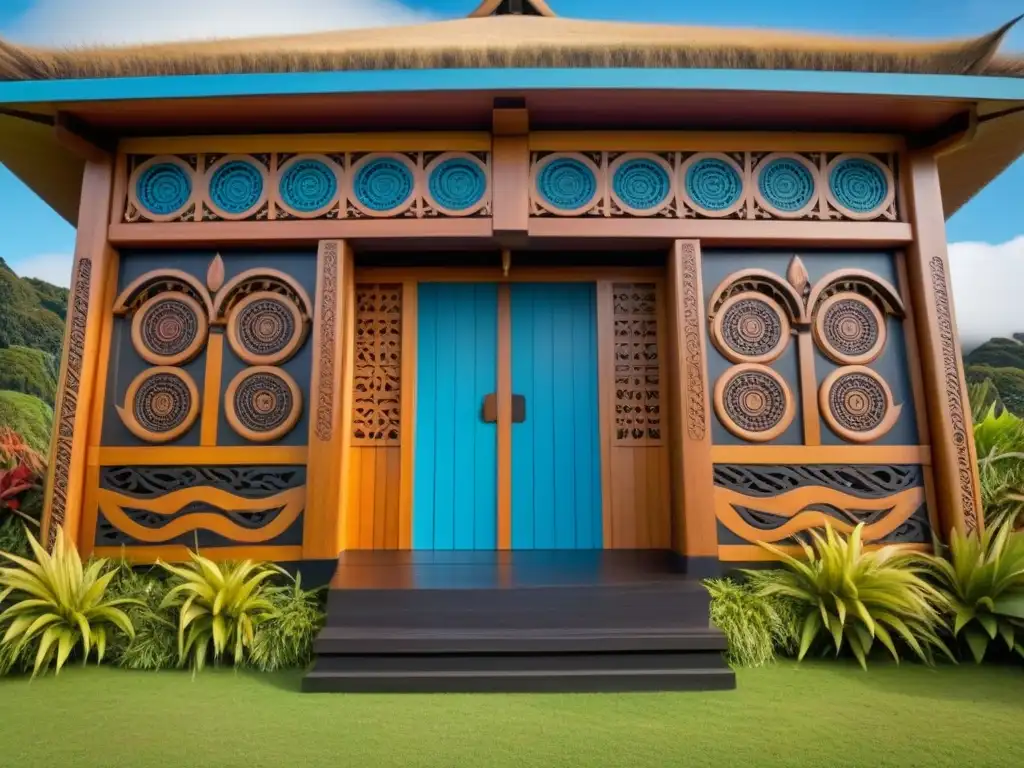 Wharenui maorí tallado con diseños tradicionales, en un entorno natural
