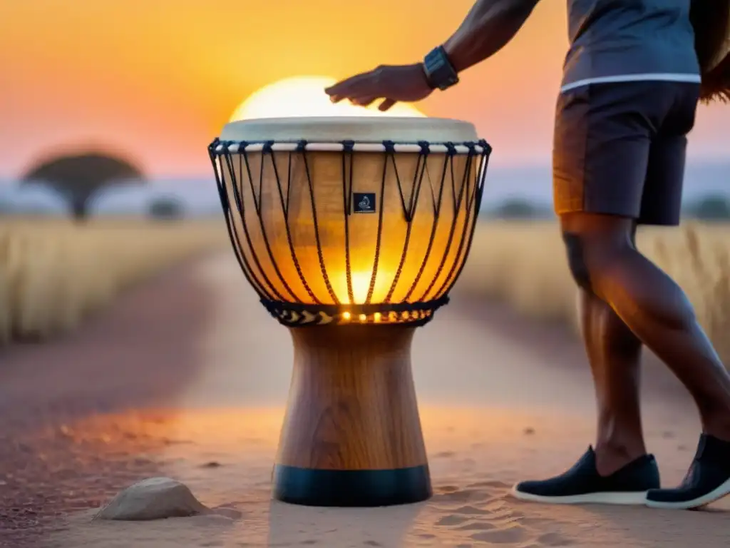 Un tambor djembe de madera de caoba con tallados africanos, en la sabana al atardecer